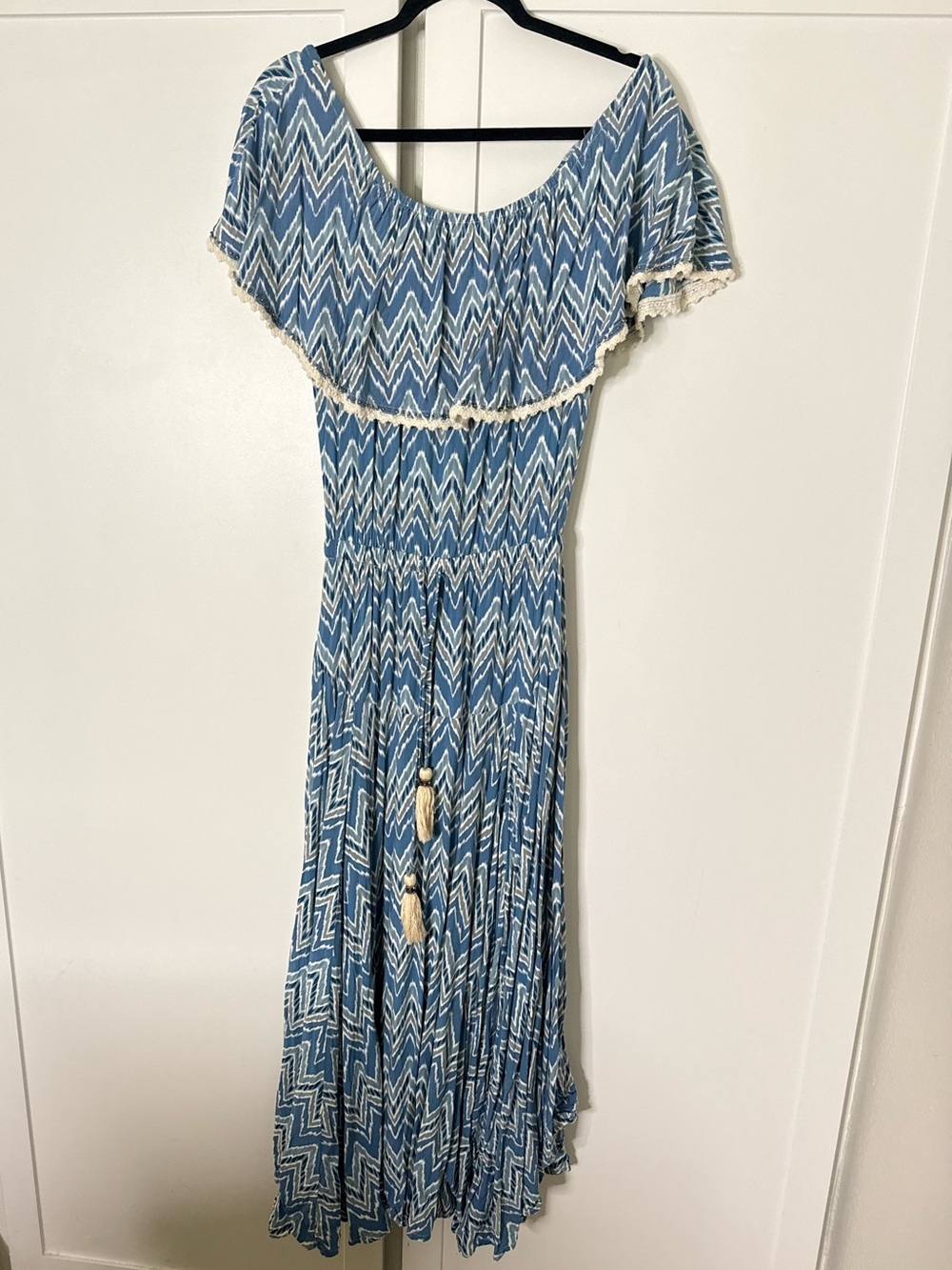 Hampton’s Blue Chevron Off-Shoulder Maxi Dress by Skemo